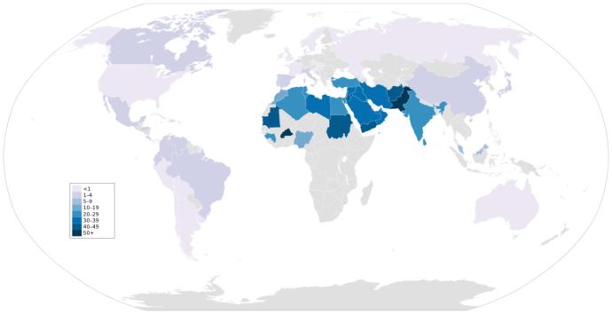 Map shows where cousin marraige are most prevalent.