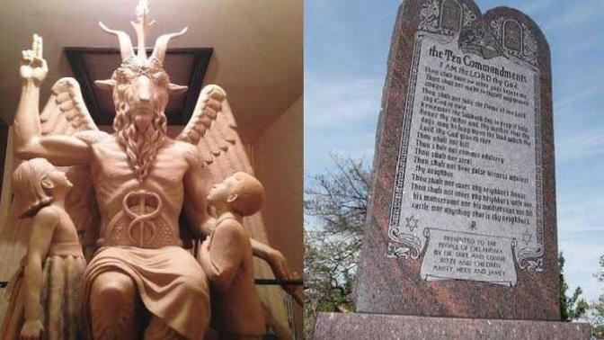 The 10 commandments statue was destroyed and replaced with a Satanic statue?