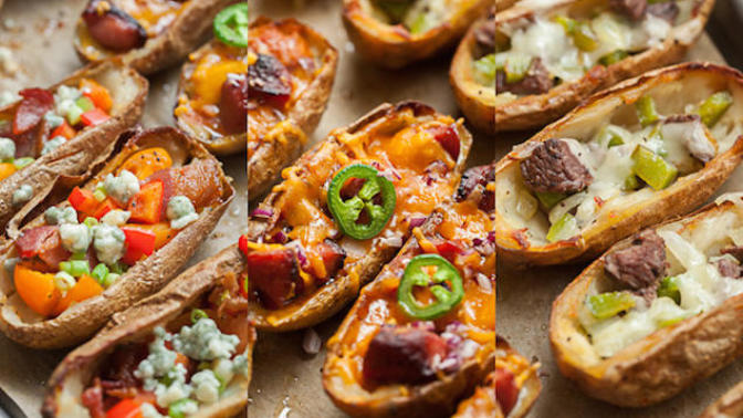 What meat or main dish goes with loaded potato skins?