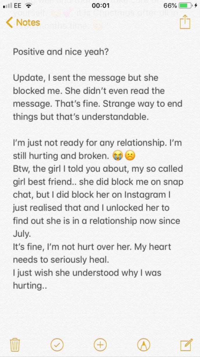 Should I accept the friendship is over? and if she messages me, should I take her back?π
was the whole situation, it is detailed. was it my fault?