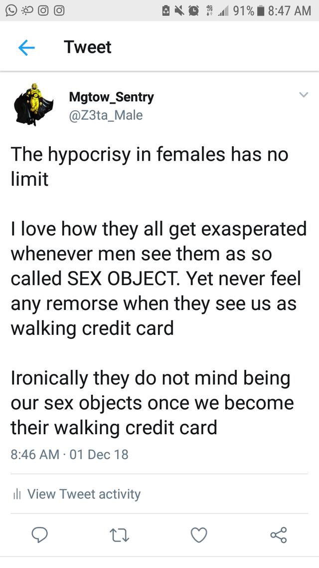 What's worst being seen as a sex object or being seen as walking credit card?