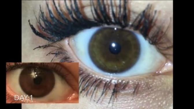 This girl tried subliminal to change her eye color the other pic is after a month. do you think the new color is more green or hazel?