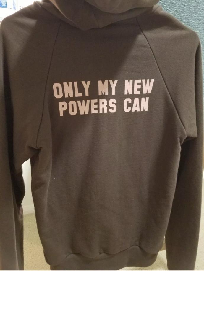 Donyou like this brown jaclet with the quote “love can't save you - only my new powers can “ ?