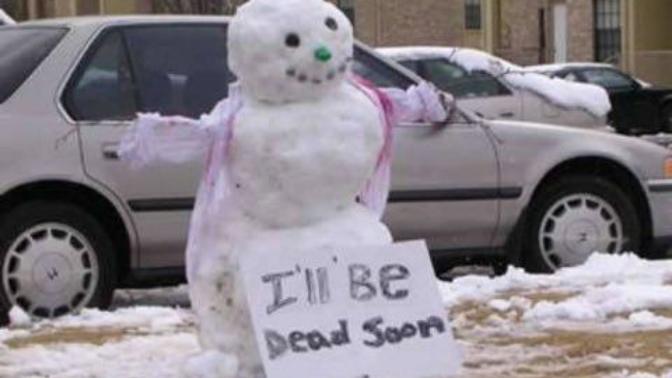 Has this snowman accepted his fate?