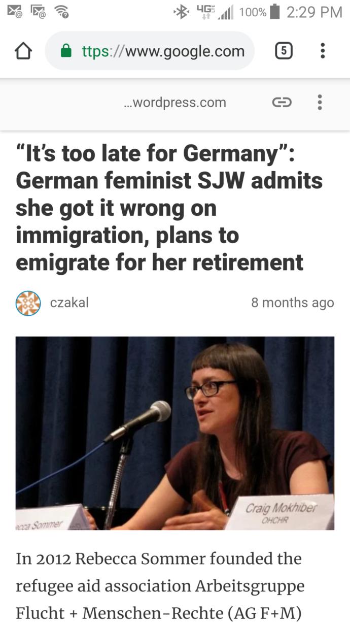 Feminist creator of Refugee Aid Association abandons millions migrants, says its too late for Germany, She will emigrate for retirement, thoughts?