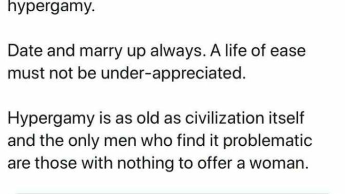 Do you encourage all women to practice hypergamy?