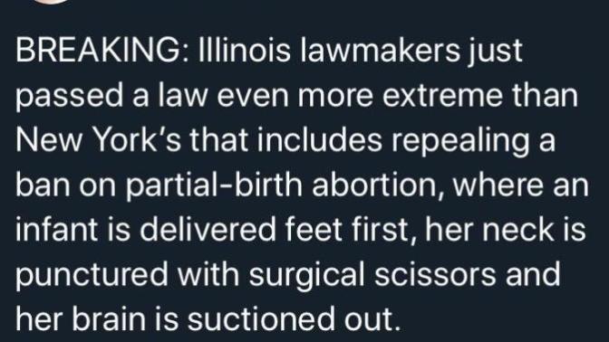 Illinois now has full term abortions, the baby is pulled out feet first and then beheaded, what do you think?