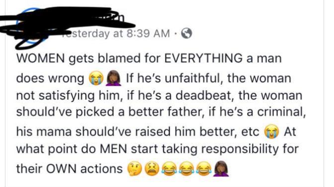 At what point do men start taking responsibility for their behavior (see SS for details)?
