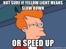 What do you do when you see a yellow traffic light?