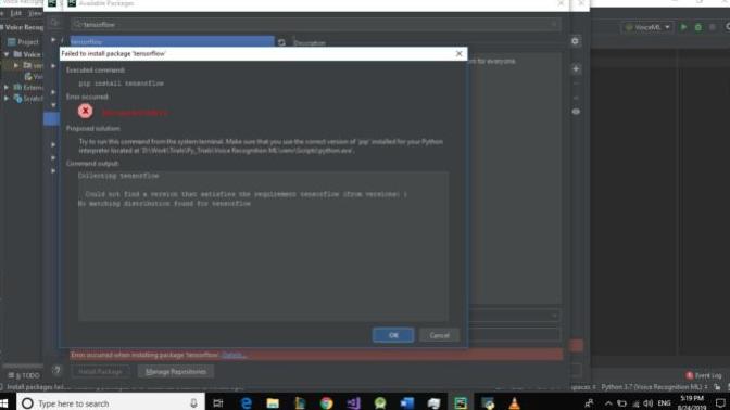 Tensorflow and pycharm installing package error, any help please?