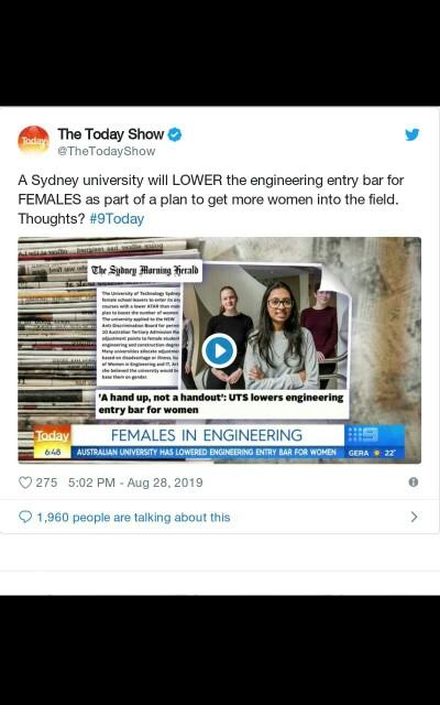 A Sydney university will lower the engineering entry bar for females to get more women into the field. Opinions?