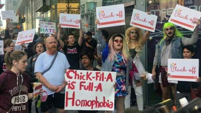 Protesters rally outside Chick-fil-A's 1st Toronto location on its opening day. Opinions?