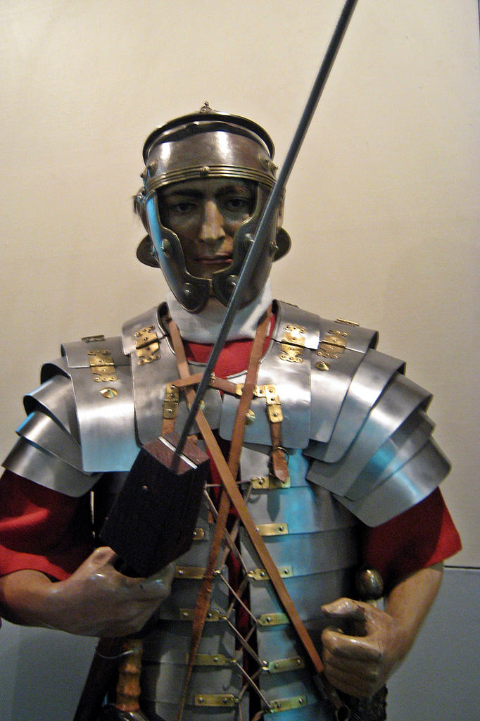 Recreation of a Roman soldier wearing plate armour, National Military Museum, Romania.