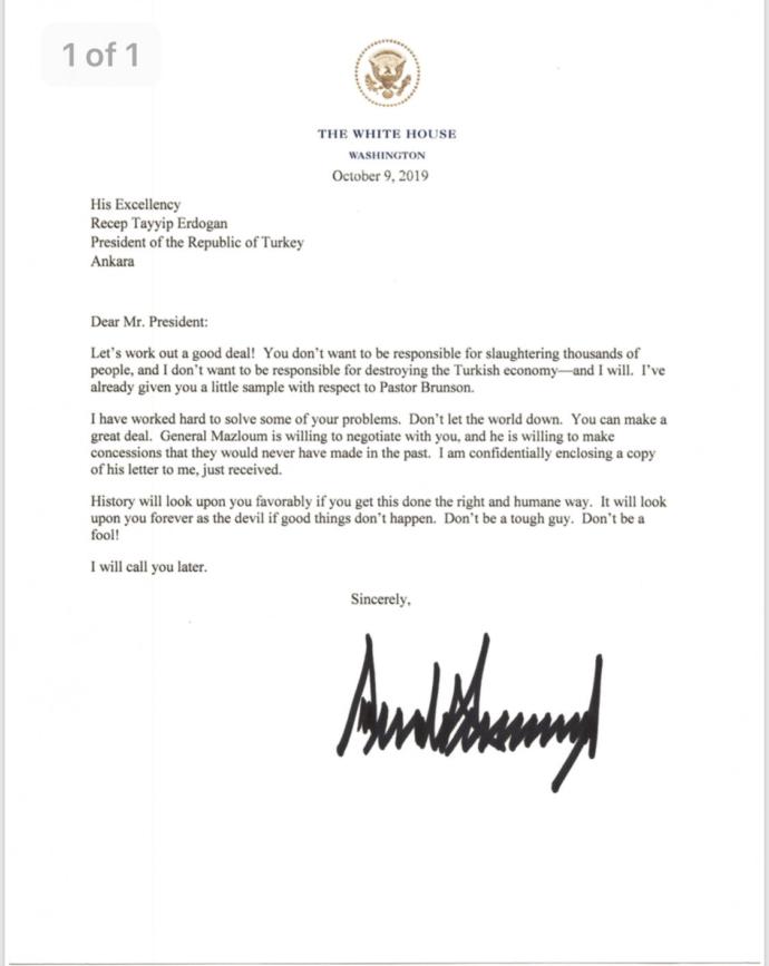 Have you read president Trump's letter to Turkish President Tayyip Erdogan?