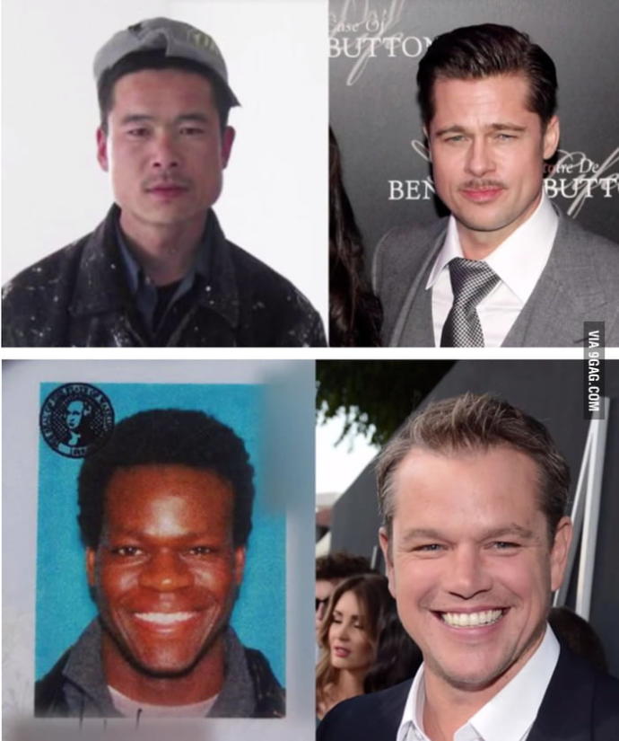 Brad Pitt w/ Asian doppelganger, and Matt Damon w/ Black doppelganger