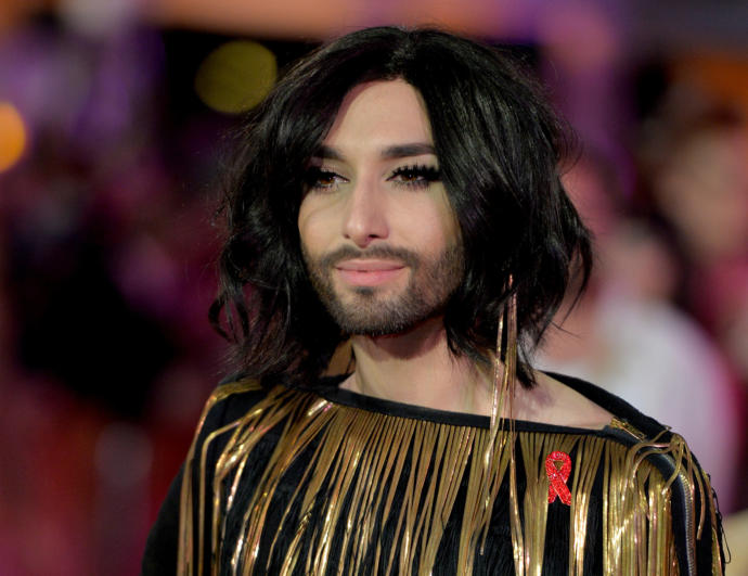 Wurst with makeup, long hair and dress