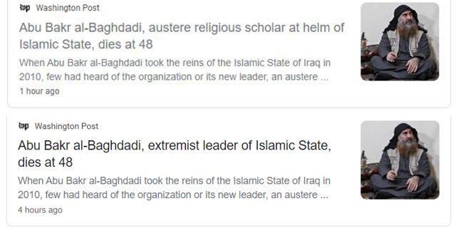 The Washington Post changed the original headline of Abu Bakr al-Baghdadis death which stated that he was an austere religious scholar. Thoughts?