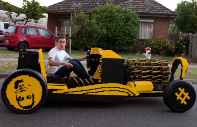 world’s first full-size Lego car, with a compressed air-powered Lego engine.