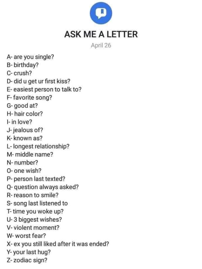 Ask me a letter! I will answer. who would like to play along?