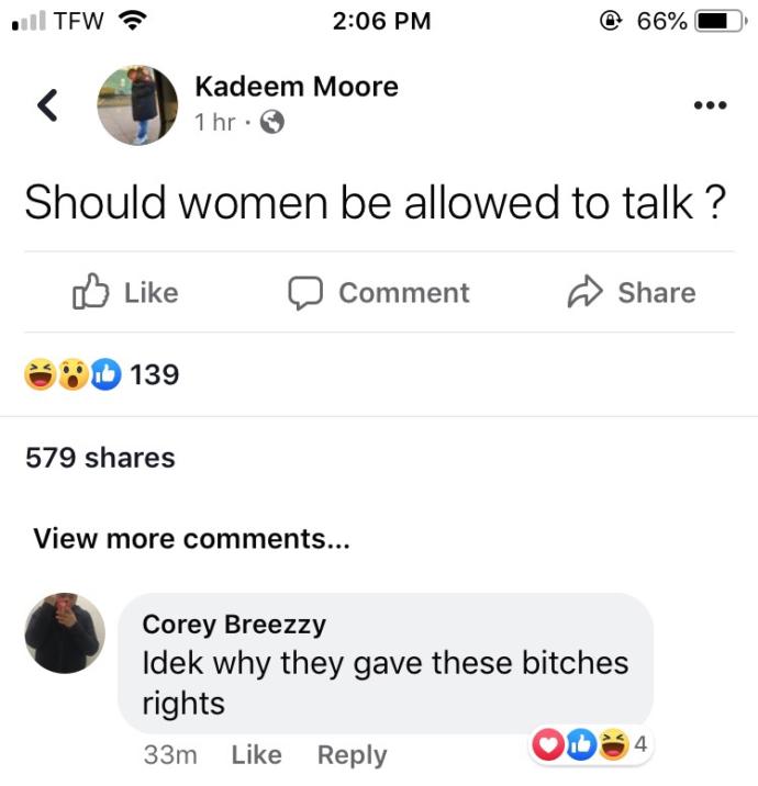 Man asks if women should be able to speak, other men join and say women shouldn’t even have rights. Sexism not going away no time soon?