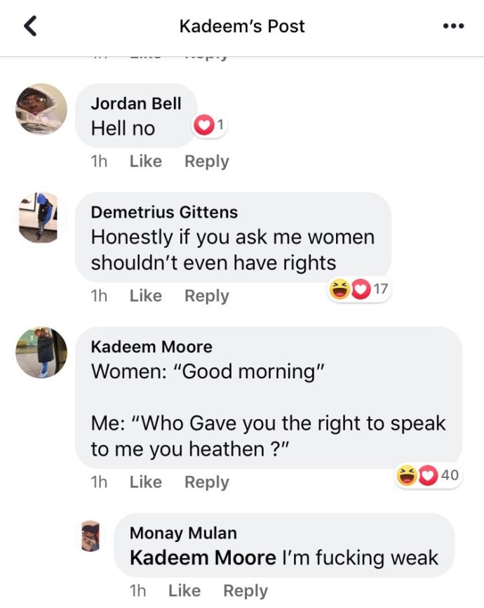 Man asks if women should be able to speak, other men join and say women shouldn’t even have rights. Sexism not going away no time soon?