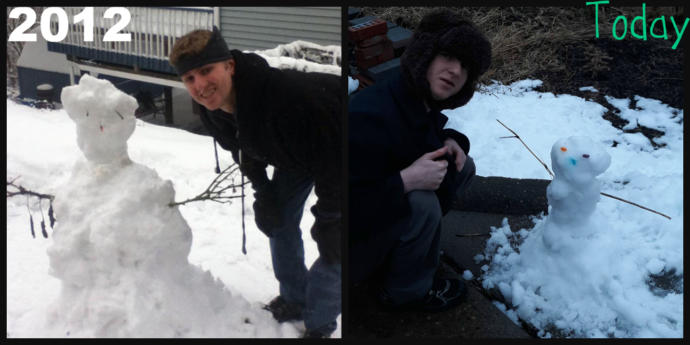 Which snowman is better mine from yesterday or the one I made 8 years ago rate him?