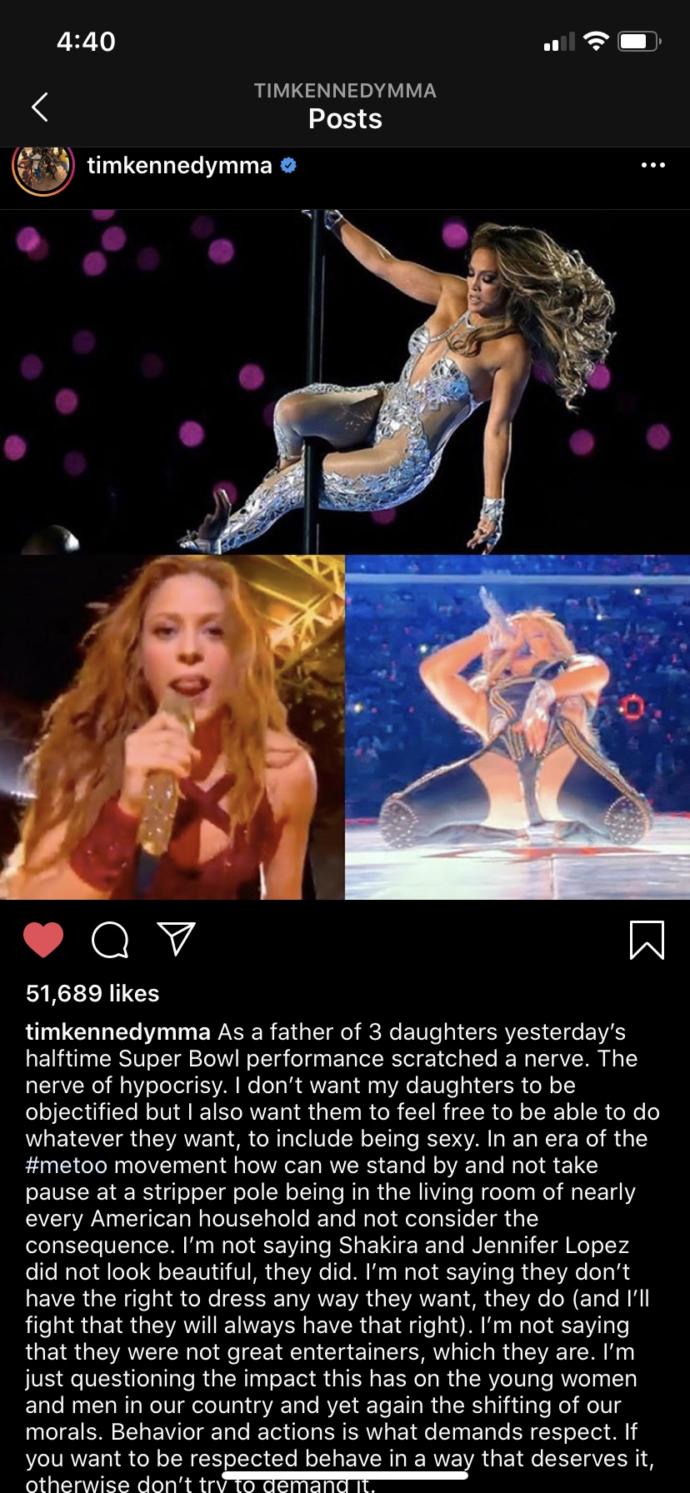 Do you agree or disagree with Tim Kennedy’s opinion on the Super Bowl halftime show?