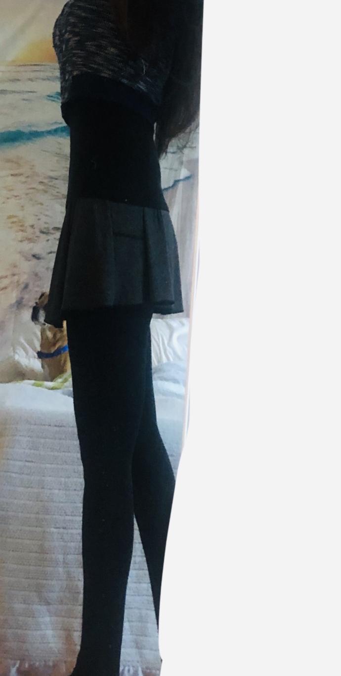 Charcoal skirt / black tights/ black camisole / blue- white top ~~ clash? ?