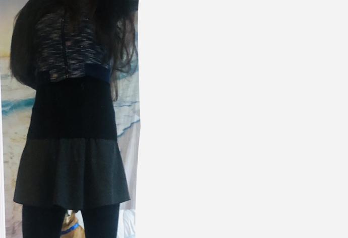 Charcoal skirt / black tights/ black camisole / blue- white top ~~ clash? ?