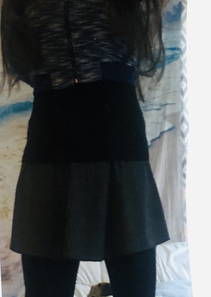 Charcoal skirt / black tights/ black camisole / blue- white top ~~ clash? ?