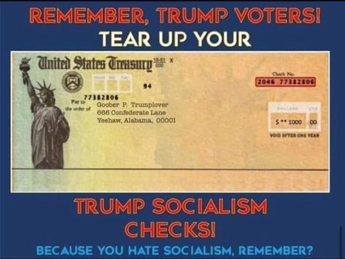 Will trump cultists return their stimulus check since its socialism?