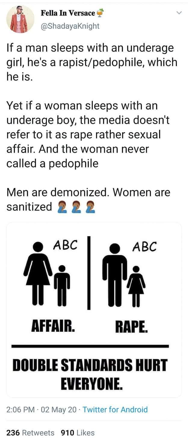 True or false, when it comes to sex crimes, women have it easy when it comes to punishment, men do not?