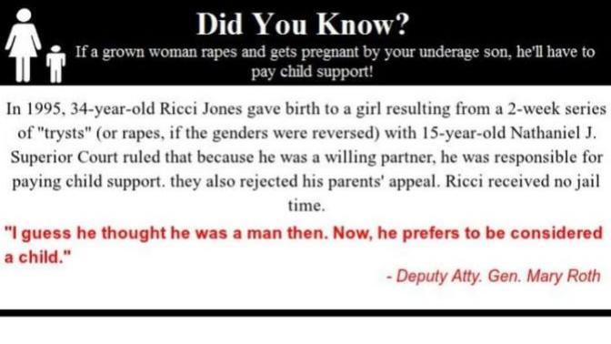 Did you know that if you have a son, he is under age (say 15) and some older lady rapes him, and gets pregnant, he has to pay child support?