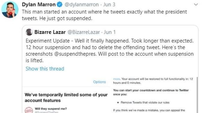 Why doesn't Twitter suspend Trump's account when they did a citizen that tweeted exactly the same thing?