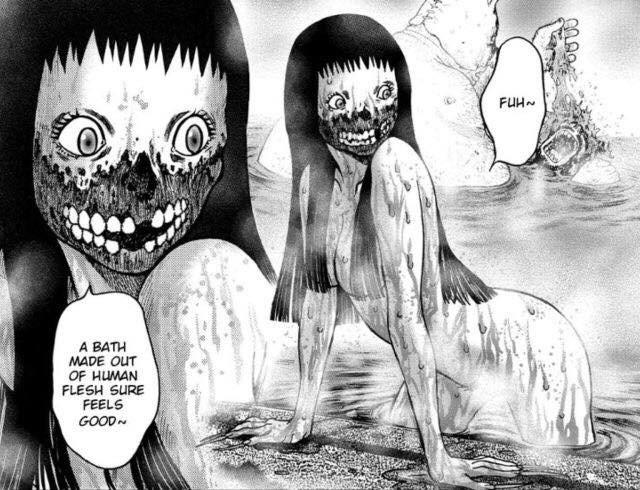 Which of these gorey manga panels do you think is the creepiest?