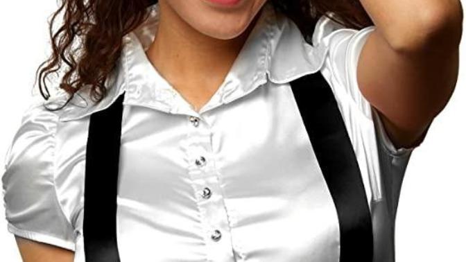 Which picture of a girl in suspenders is the most interesting?