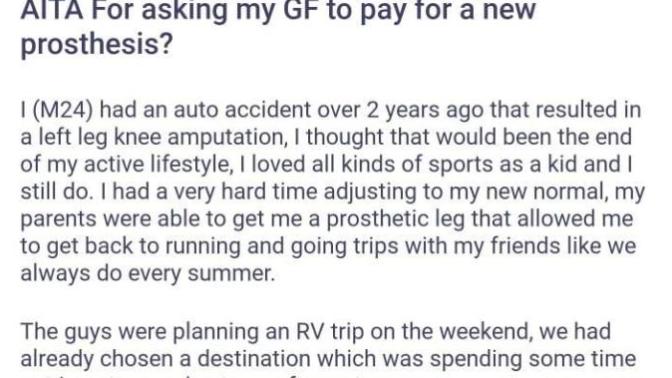 Is this guy in the wrong? His girlfriend hid and broke his prosthetic leg to force him to stay home from a trip, He wants her to pay for it?