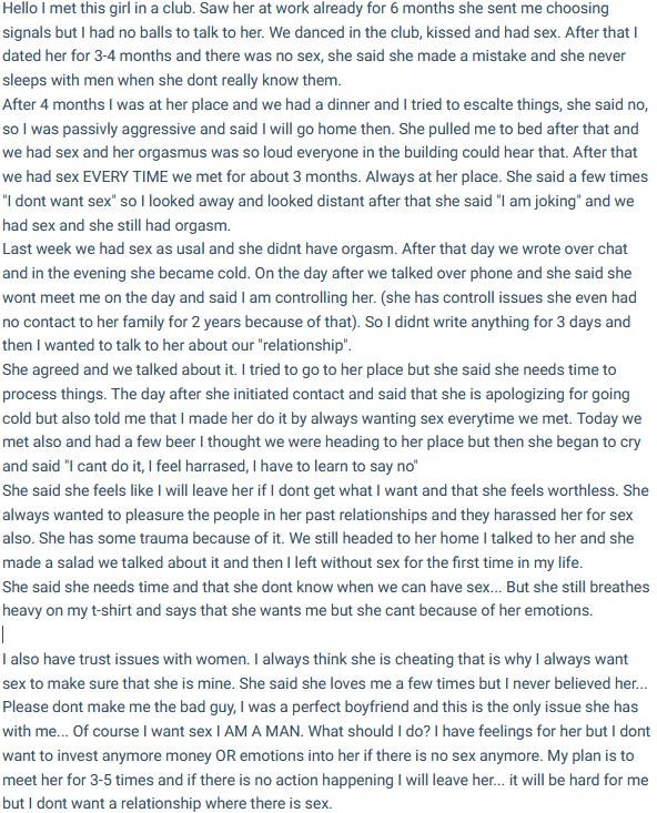 Girlfriend says I am harrasing her for sex?