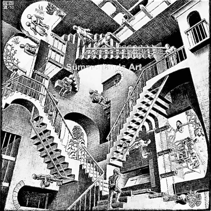 What is your first impression when you look at the picture. What direction do the stairs go in?