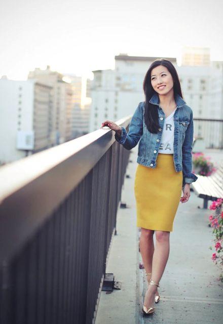 Which of these women wearing yellow skirts has the best outfit?