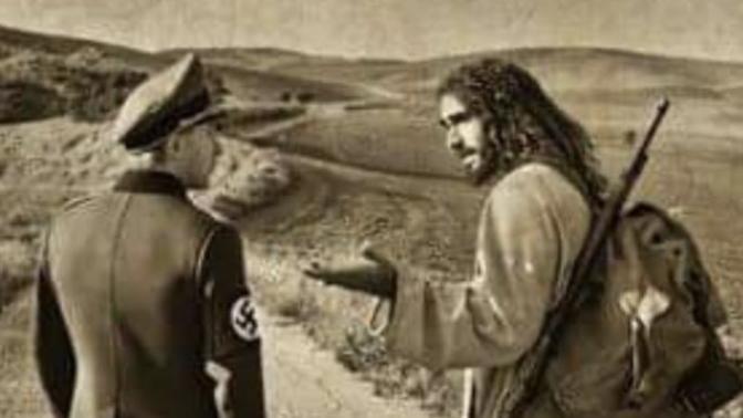 How would you interpret this picture with a look-alike of Jesus Christ wearing a weapon while talking to a nazi figure?