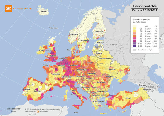 How come Latin Europe is much less crowded than Rhenish Europe?