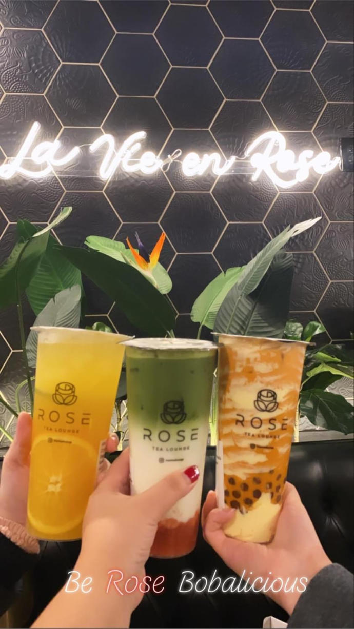 Be Rose Bobalicious with Strawberry Matcha Latte boba :D (in the middle)