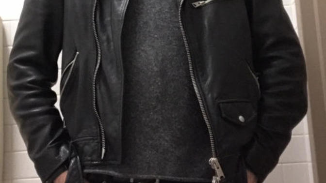 What do you think of this leather jacket turtleneck outfit?