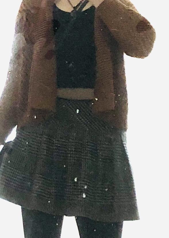 Hard to pick up color but from what you can see (burnt brown cardigan with plaid black / grey skirt black tights) clash badly or ok?