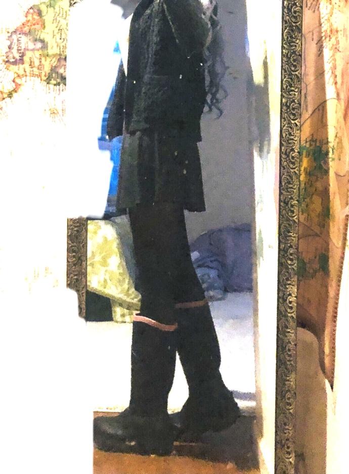 Dark grey wool sweater or Black & white checkered wool jacket ~ which goes better with charcoal skirt (equally warm) ?
