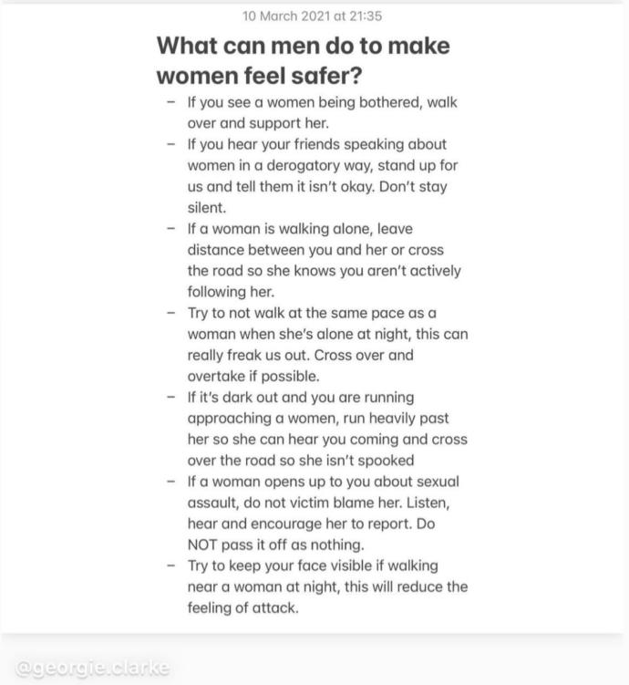 What do you guys think of the make women feel safe list?