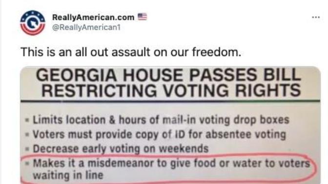 What kind of people make a bill to ban water to people who are trying to vote, oh the same people who think that the election was a lie or something?