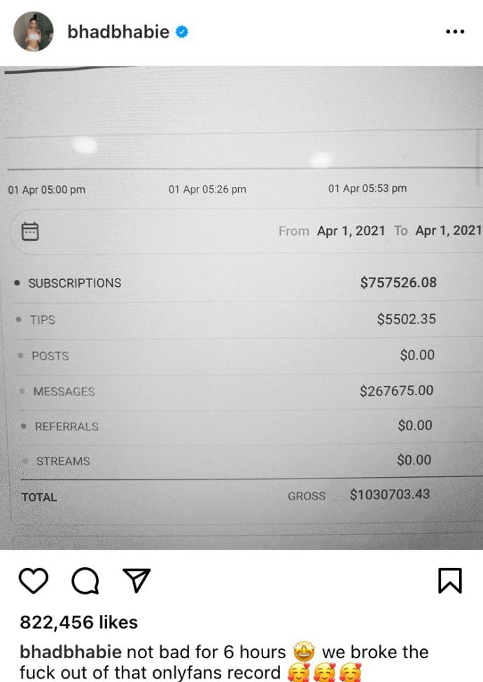 Woman makes $1000000 in 6 hours off of men in only fans. Are you happy for her?