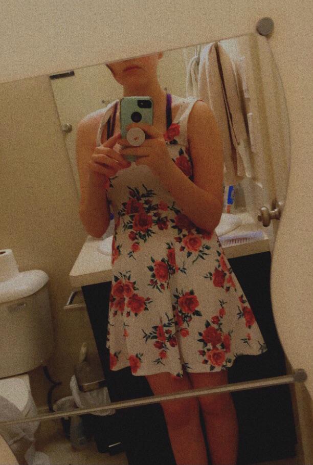 Cousin 1, summer floral dress, above the knees